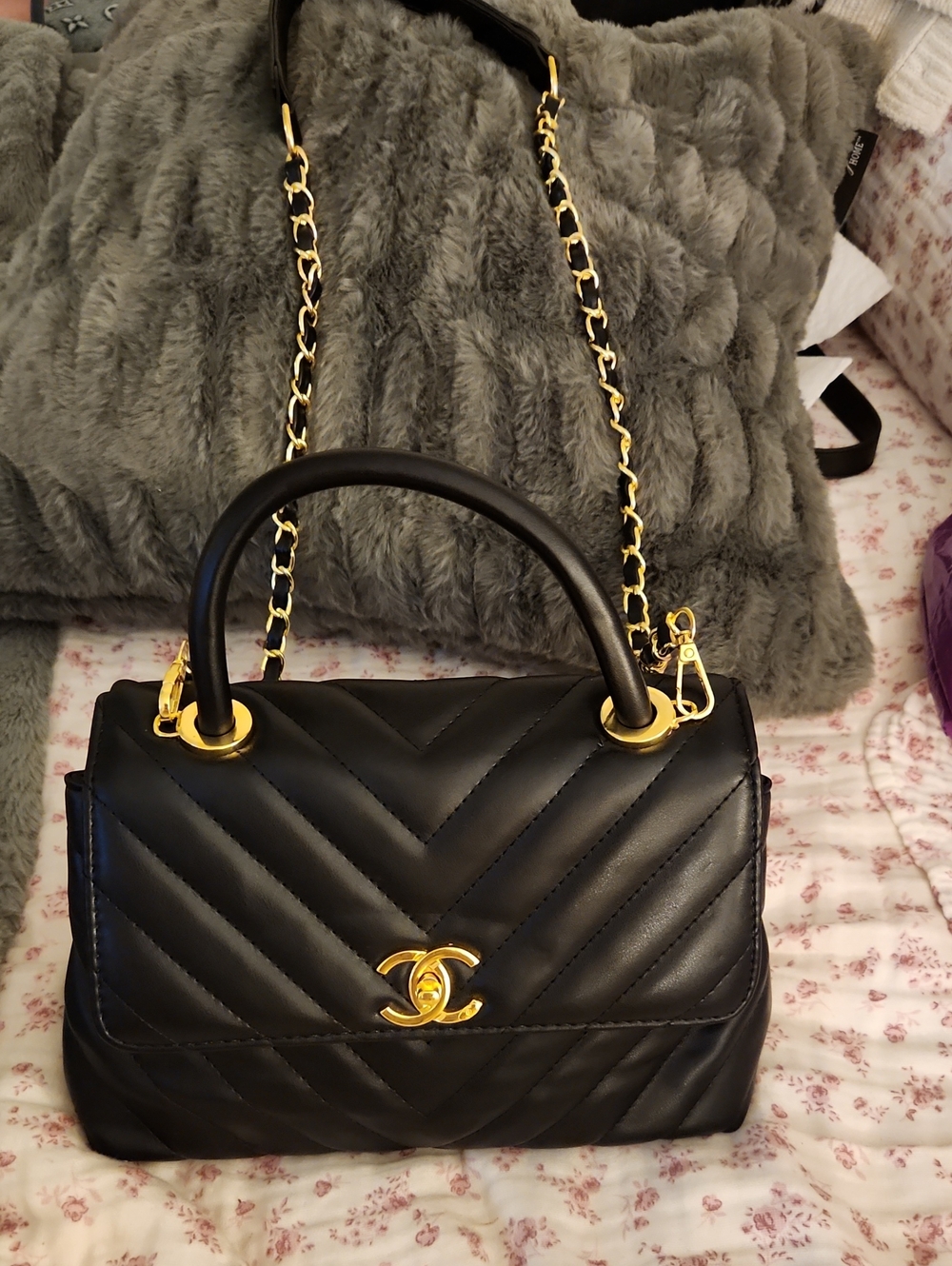 Black Quilted Top-Handle Shoulder Bag with Gold Chain Strap